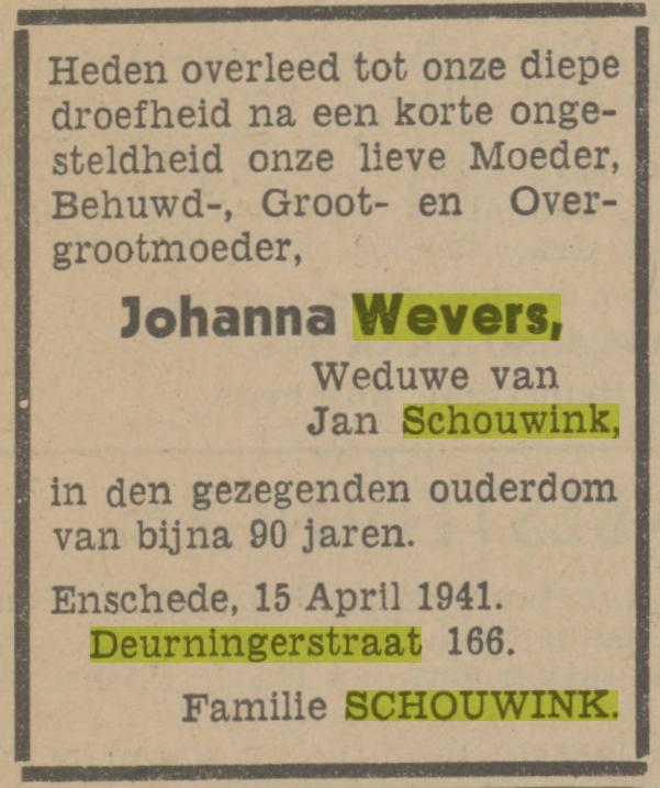 Deurningerstraat 166 Johanna Schouwink-Wevers overlijdensadvertentie TubAntia 16-4-1941.jpg