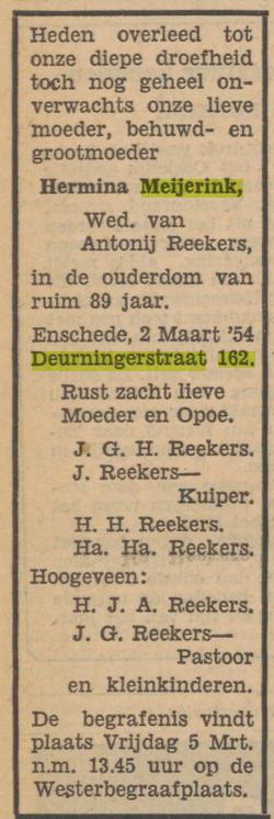 Deurningerstraat 162 Hermina Reekers-Meijerink overlijdensadvertentie Tubantia 8-3-1954.jpg