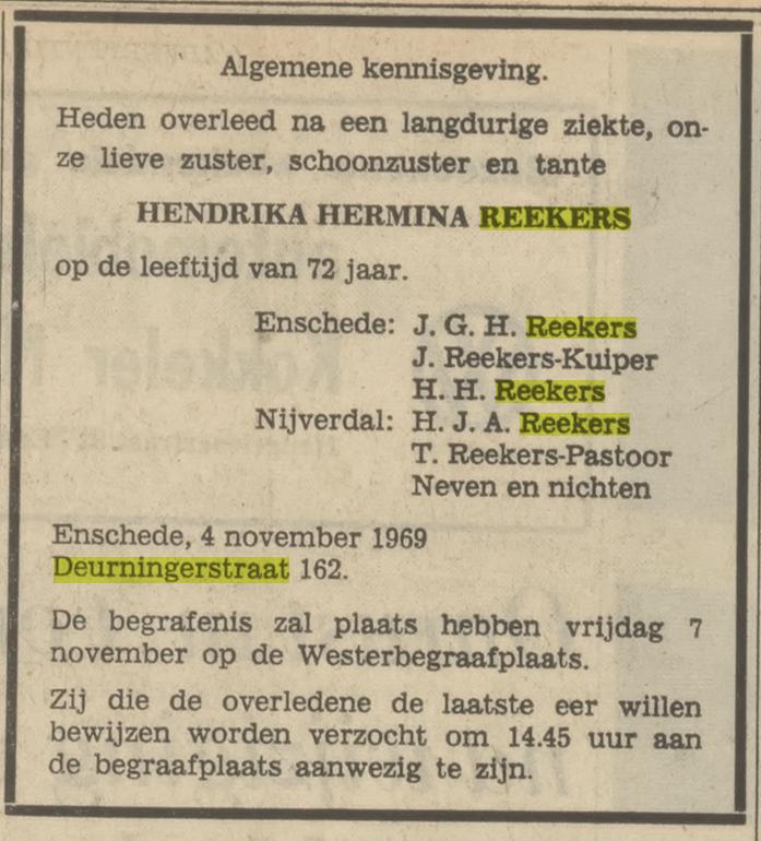 Deurningerstraat 162 H.H. Reekers overlijdensadvertentie Tubantia 5-11-1969.jpg