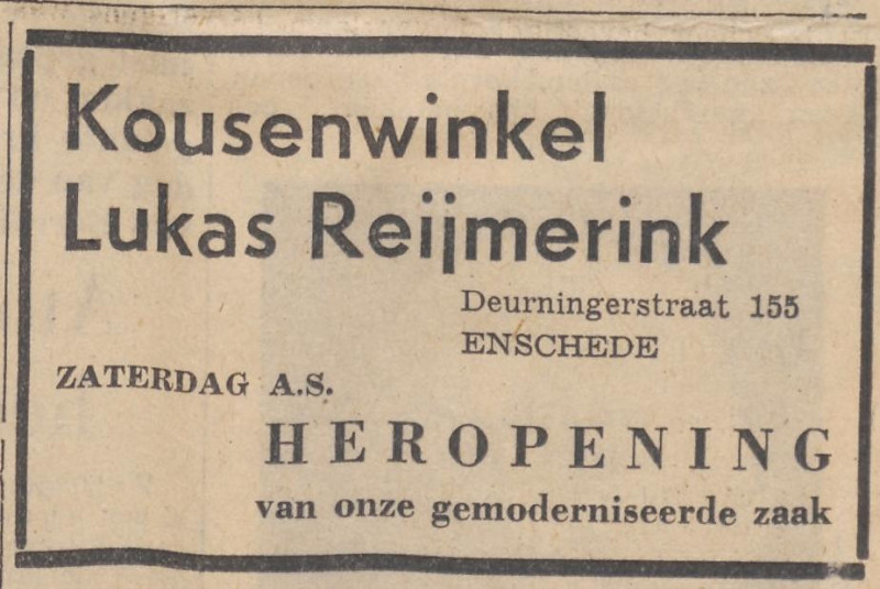 Deurningerstraat 155 kousenwinkel Lukas Reijmerink advertentie Tubantia 23-9-1954.jpg