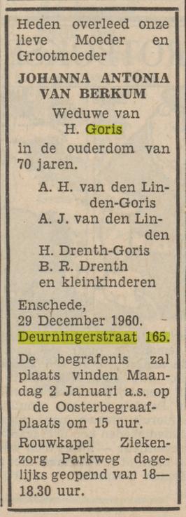 Deurningerstraat 165 Wed. J.A Goris-van Berkum overlijdensadvertentie 29-12-1960.jpg