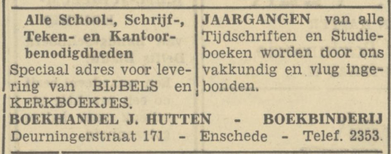 Deurningerstraat 171 Boekhandel Boekbinderij J. Hutten advertentie Tubantia 25-10-1949.jpg