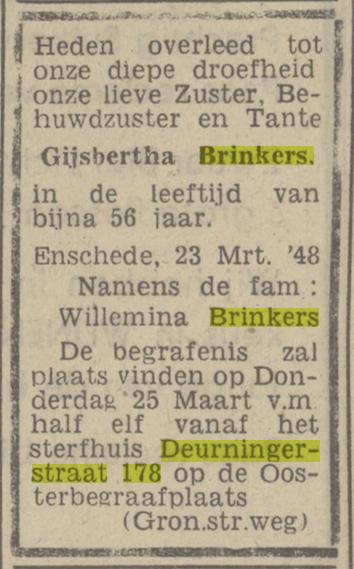 Deurningerstraat 178 Gijsbertha Brinkers overlijdensadvertentie Tubantia 29-3-1948.jpg