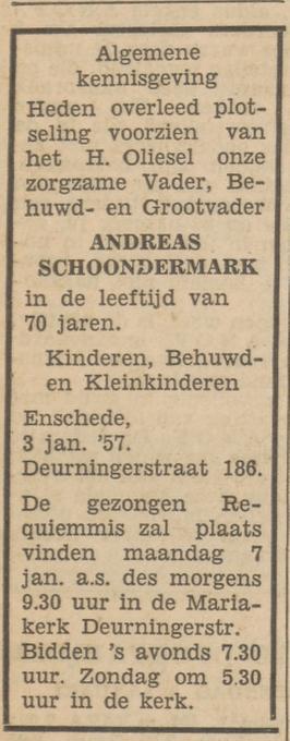 Deurningerstraat 186 Andreas Schoondermark overlijdensadvertentie Tubantia 4-1-1957.jpg