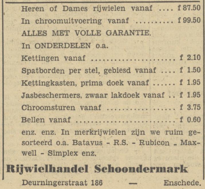 Deurningerstraat 186 rijwielhandel Schoondermark advertentie Tubantia 252-3-01950.jpg