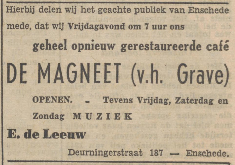 Deurningerstraat 187 cafe De Magneet voorheen cafe Grave advertentie Tubantia 18-6-1953.jpg