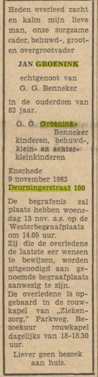 Deurningerstraat 190 Jan Groenink overlijdensadvertentie Tubantia 11-11-1963.jpg