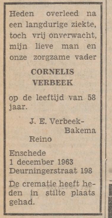 Deurningerstraat 198 Cornelis Verbeek overlijdensadvertentie Tubantia 5-12-1963.jpg