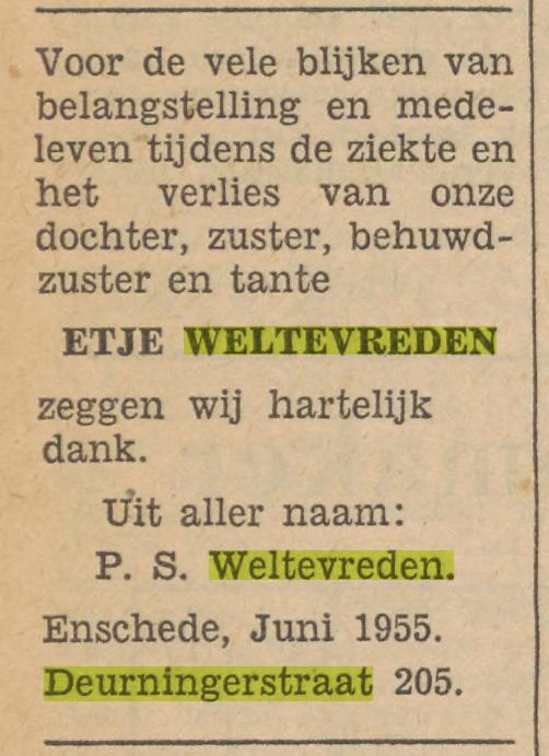 Deurningerstraat 205 P.S. Weltevreden advertentie Tubantia 27-6-1955.jpg
