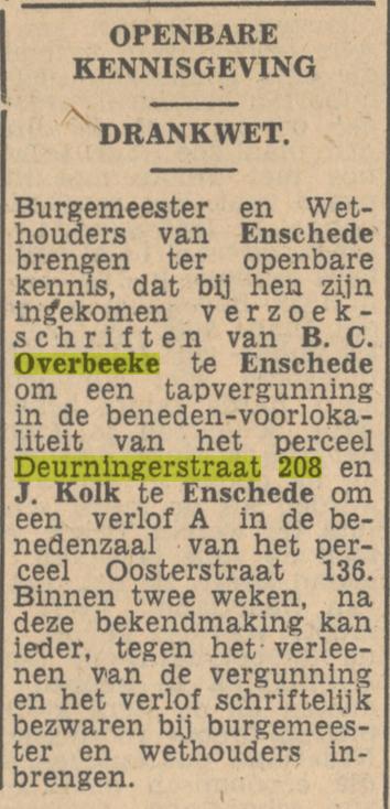 Deurningerstraat 208 B.C. Overbeek drankwet krantenbericht Tubantia 26-4-1947.jpg