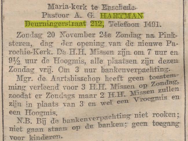 Deurningerstraat 212 Pastoor A.G. Hartman krantenbericht Overijsselsch dagblad 19-11-1927.jpg