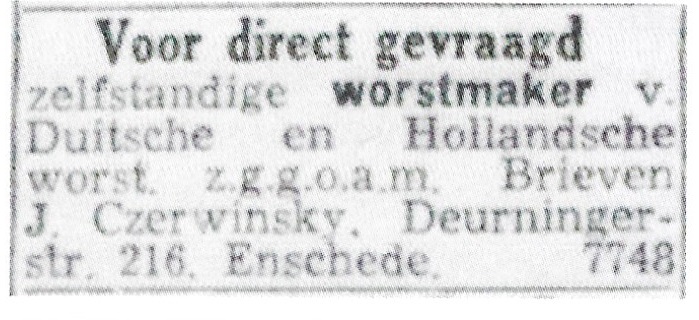 Deurningerstraat 216 slager J. Czerwinsky advertentie 1942.jpg