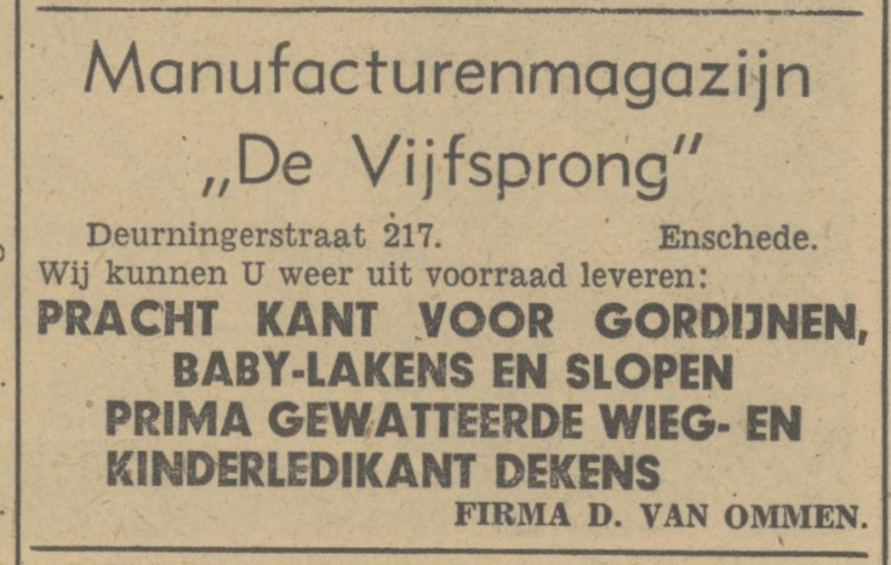 Deurningerstraat 217 manufacturenmagazijn De Vijfsprong Firma D. van Ommen advertentie Tubantia 6-3-1948.jpg