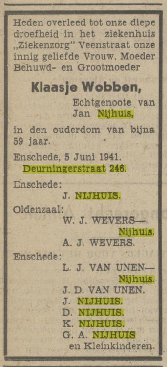 Deurningerstraat 246 Klaasje Nijhuis-Wobben overlijdensadbertentie Tubantia 6-6-1941.jpg