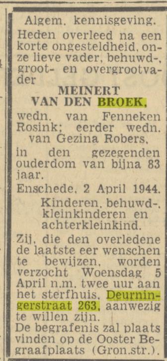 Deurningerstraat 263 Meindert van den Broek overl;ijdensadvertentie Twentsch nieuwsblad 3-4-1944.jpg