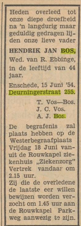 Deurningerstraat 255 Hendrik Jan Bos overlijdensadvertentie Tubantia 15-6-1954.jpg