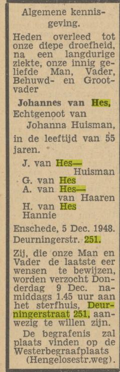 Deurningerstraat 251 Johannes van Hes overlijdensadvertentie Tubantia 7-12-1948.jpg