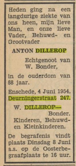 Deurningerstraat 247 Anton Dillerop overlijdensadvertentie Tubantia 5-6-1954.jpg