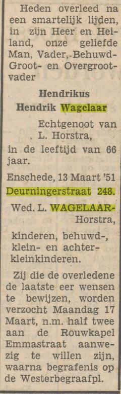 Deurningerstraat 248 H.H. Wagelaar overlijdensadvertentie Tubantia 13-3-1952.jpg