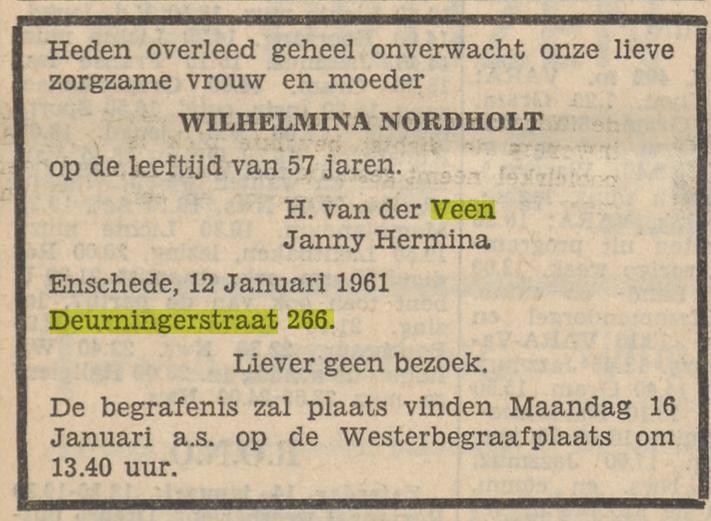 Deurningerstraat 266 W. Nordholt-van der Veen overlijdensadvertentie Tubantia 13-1-1961.jpg
