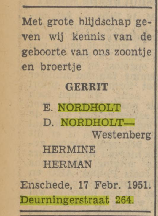 Deurningerstraat 264 E. Nordholt advertentie Tubantia 19-2-1951.jpg