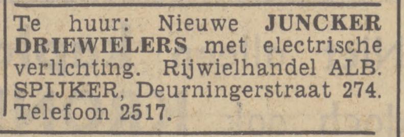Deurningerstraat 274 Rijwielhandel driewielerverhuur Albert Spijker advertentie Tubantia 14-1-1939.jpg