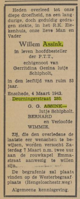 Deurningerstraat 280 Willem Assink overlijdensadvertentie Tubantia 5-3-1942.jpg