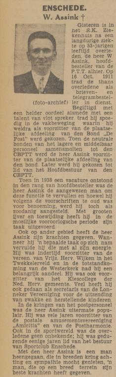 Deurningerstraat 280 Willem Assink hoofdbesteller PTT overleden krantenberichtTubantia 5-3-1942.jpg