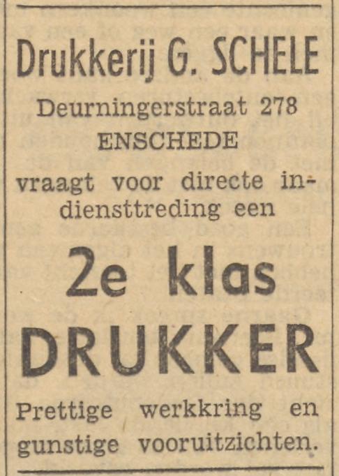 Deurningerstraat 278 drukkerij G. Schele advertentie Tubantia 18-9-1954.jpg