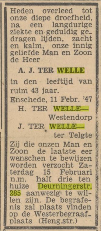 Deurningerstraat 285 A.J. ter Welle overlijdensadvertentie Tubantia 13-2-1947.jpg