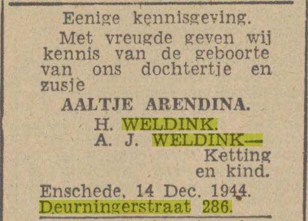Deurningerstraat 286 H. Weldink advertentie Tubantia 15-12-1944.jpg