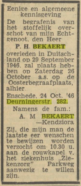 Deurningerstraat 282 P.H. Bekaert overlijdensadvertentie Tubantia 25-10-1946.jpg