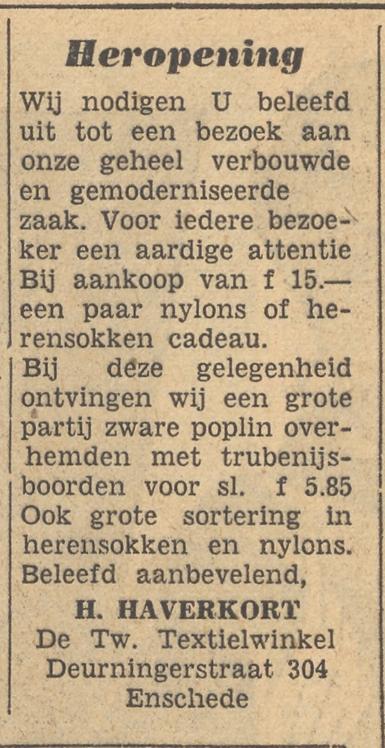 Deurningerstraat 304 H. Haverkort Twentsche Textielwinkel advertentie Tubantia 25-10-1954.jpg