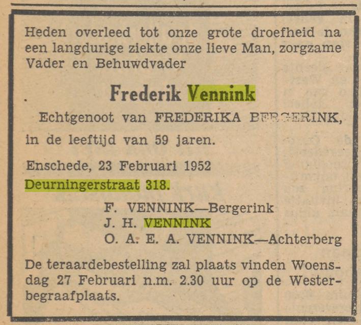 Deurningerstraat 318 Frederik Vennink overlijdensadvertentie Tubantia 25-2-1952.jpg