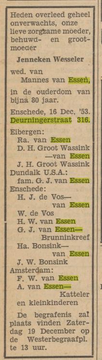 Deurningerstraat 316 Jenneken van Essen-Wesseler overlijdensadvertentie Tubantia 17-12-1953.jpg
