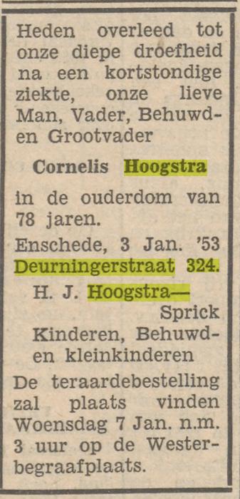 Deurningerstraat 324 Cornelis Hoogstra overlijdensadvertentie Tubantia 5-1-1953.jpg