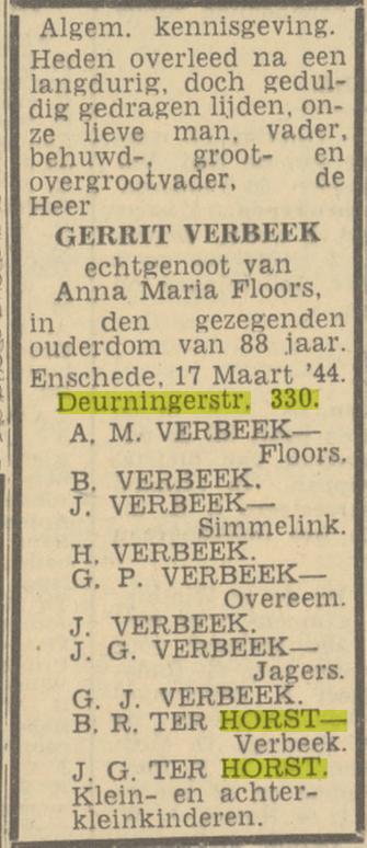 Deurningerstraat 330 Gerrit Verbeek overlijdensadvertentie Twentsch nieuwsblad 18-3-1944.jpg