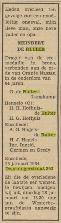 Deurningerstraat 352 Meindert de Ruiter overlijdensadvertentie Tubantia 25-1-1964.jpg