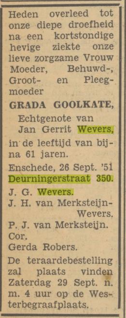 Deurningerstraat 350 Grada Wevers-Goolkate overlijdensadvertentie Tubantia 27-9-1951.jpg