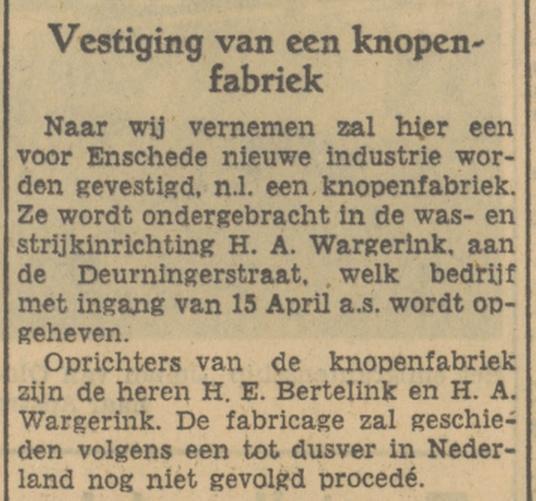 Deurningerstraat 358 was- en strijkinrichting Wargerink wordt knopenfabriek krantenbericht Tubantia 2-4-1951.jpg