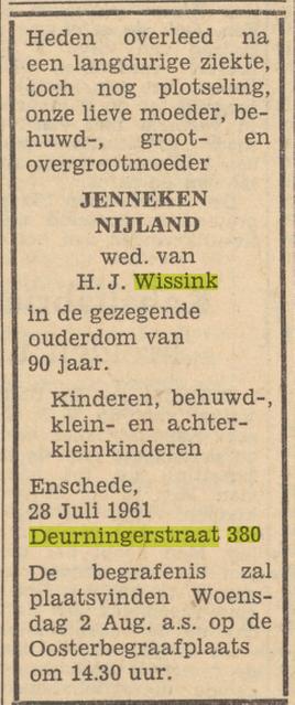 Deurningerstraat 380 Jenneken Wissink-Nijland overlijdensadvertentie Tubantia 31-7-1961.jpg