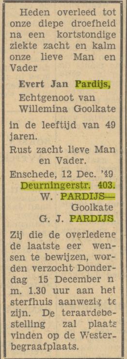 Deurningerstraat 403 E.J. Pardijs overlijdensadvertentie Tubantia 12-12-1949.jpg