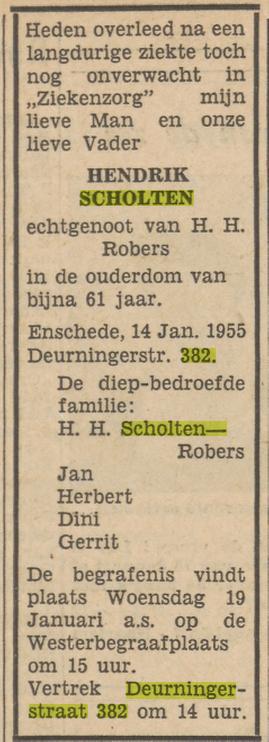 Deurningerstraat 382 Hendrik Scholten overlijdensadvertentie Tubantia 16-1-1955.jpg
