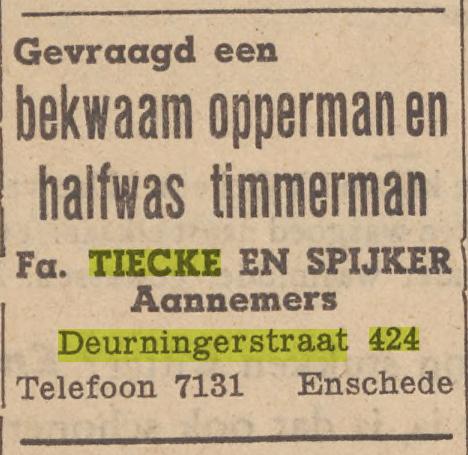 Deurningerstraat 424 Fa. Tiecke en Spijker advertentie Twentsche Courant 18-9-1953.jpg
