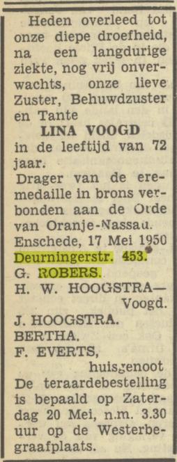 Deurningerstraat 453 Lina Voogd overlijdensaangifte Tubantia 19-5-1950.jpg