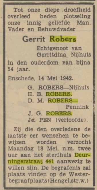 Deurningerstraat 441 Gerrit Robers overlijdensadvertentie Tubantia 15-5-1942.jpg