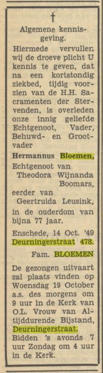 Deurningerstraat 478 Hermannus Bloemendal advertentie Tubantia 15-10-1949.jpg