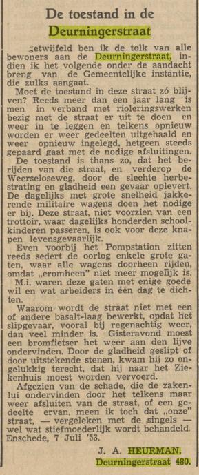 Deurningerstraat 480 J.A. Heurman krantenbericht 9-7-1953.jpg