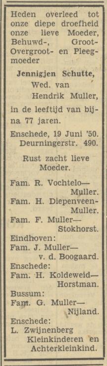 Deurningerstraat 490 Jennigjen Muller-Schutte overlijdensadvertentie 20-6-1950.jpg