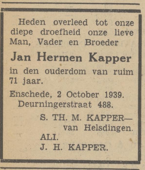 Deurningerstraat 488 Jan Hermen Kapper overlijdensadvertentie Tubantia 3-10-1939.jpg